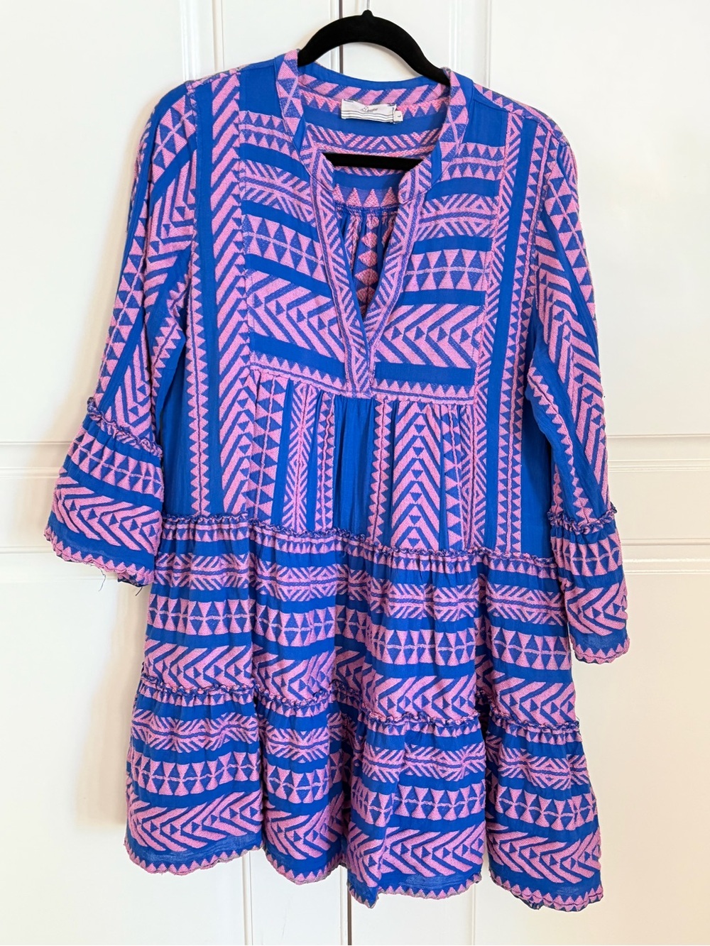 Anthropologie Devotion Twins Ella Blue and Pink Geometric Tiered Mini Dress